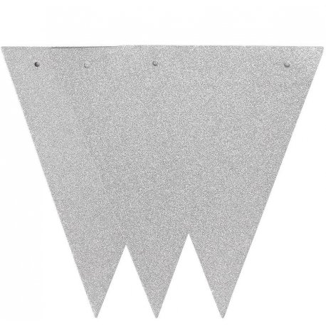 Banderin Triangular Glitter Dx Plateado (16 cm. Ancho x 11 cm. Alto)