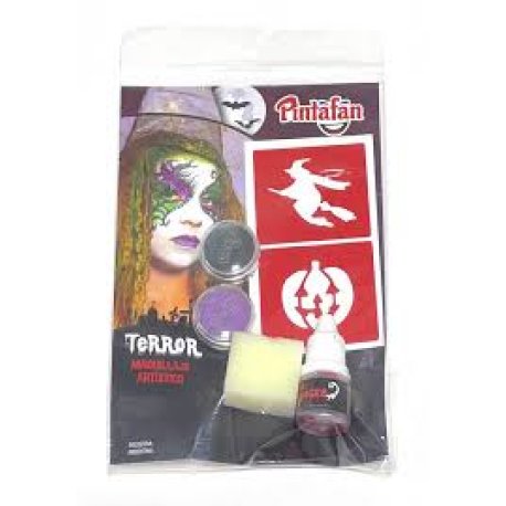 Kit Pintafan Terror Bruja - 2 Pastillas Maquillaje + 1 Sangre Artificial + 1 Esponja + 2 Stencil