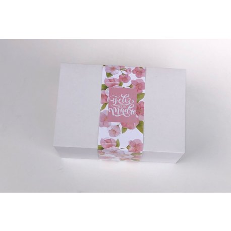 Caja Rectangular Blanca con Faja Diseño "Feliz Dia De La Madre" 24x15x5,5cm x 1u.