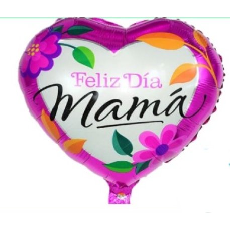 Globo Metalizado Corazón Blanco Feliz Dia Mama con brde y Flor Fucsia  x 1