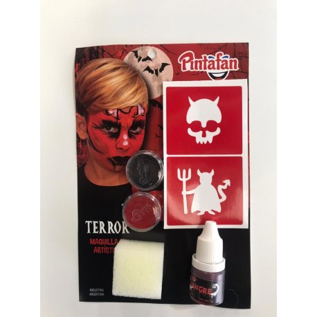 Kit Pintafan Terror Diablo - 2 Pastillas Maquillaje + 1 Sangre Artificial + 1 Esponja + 2 Stencil