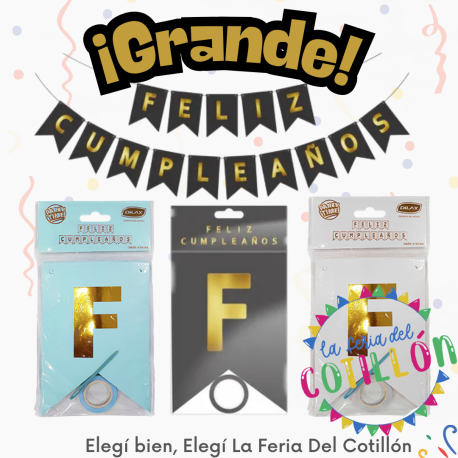 Banderín Grande Feliz Cumpleaños Letra Dorada con Cinta x 1 (18cmx26cm)