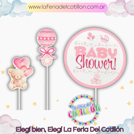 Cake Topper Adorno Torta Baby Shower Rosa - Celeste x 3piezas