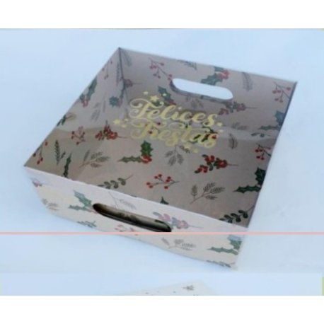 Caja Diseño Felices Fiestas Tapa Transparente 25x25x 12cm (Base De Cartulina) x 1u