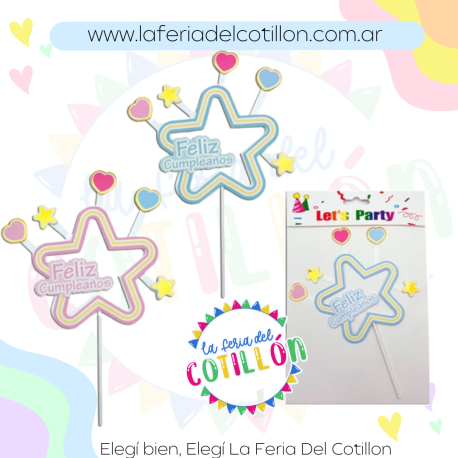 Adorno Torta Cake Topper Feliz Cumple Estrella Calada con mini corazones x 1u