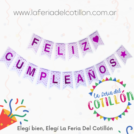 Banderín Feliz Cumple Diseños Tonos Lila y Violeta x 1 u.