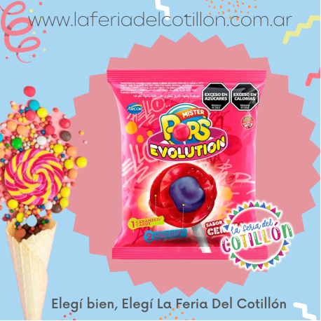 Chupetin con Chicle Mr Pop Evolution Cherry x 24 u.