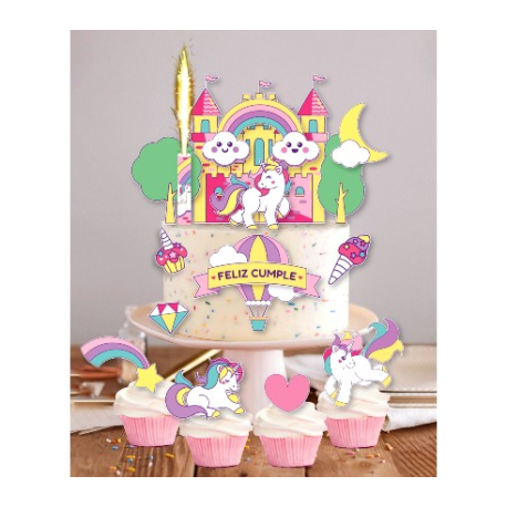 Adorno de Torta y Cupcakes Unicornio (15 Unidades más Bengala)