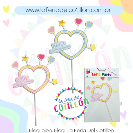 Adorno Torta Cake Topper Feliz Cumple Corazon Calado x 1u