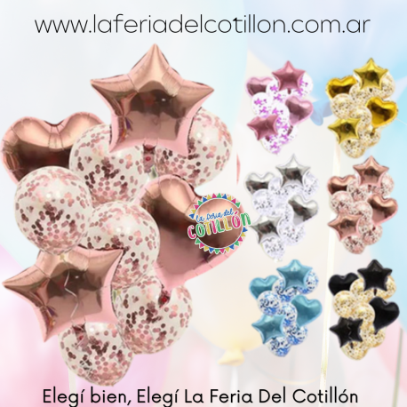 Set 10 Globos: Globo Metalizado Corazon y Estrellas y Latex con Confetti
