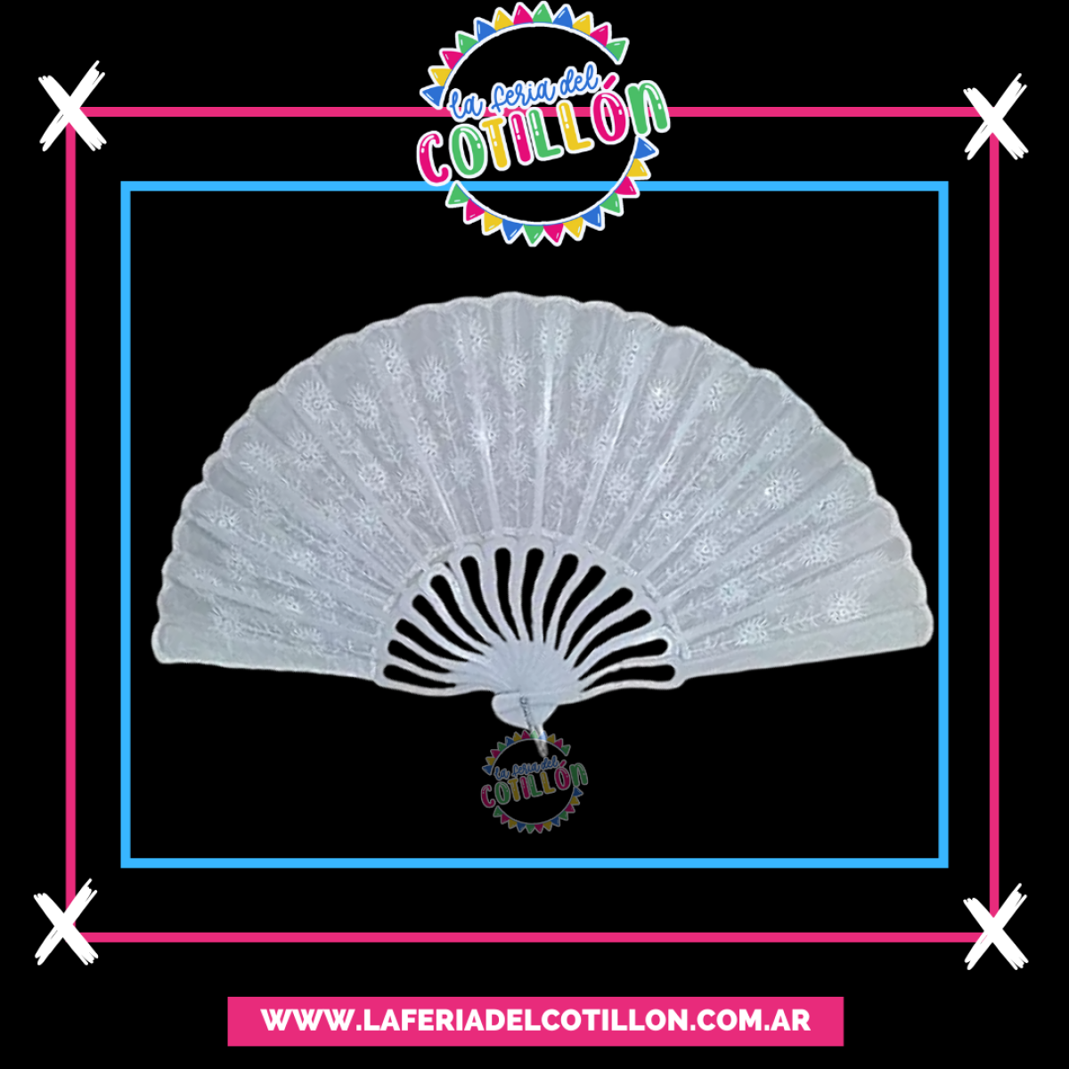 Abanico de Tela Blanco con Flor Gibreada x 1u. (23cm)