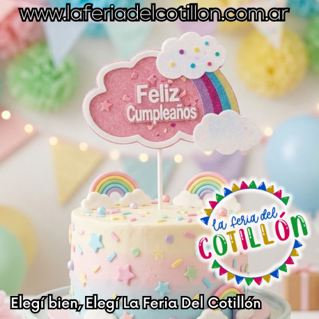 Cake Topper Feliz Cumple Arco Iris con Confetti X 1 u.