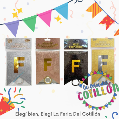 Banderín Glitter Feliz Cumpleaños Letra Dorada con Cinta x 1