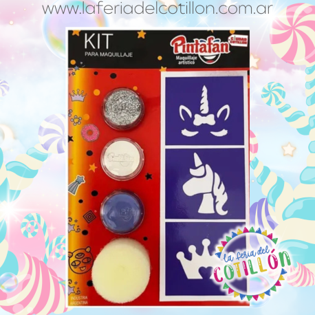 Kit Mix Acua Maquillaje Pintafan -Unicornio (2 pastillas, 1glitter,  stencil y esponja)